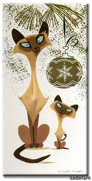 Раритетные новогодние открытки с сиамскими кошками от Ральфа Хьюлетта.